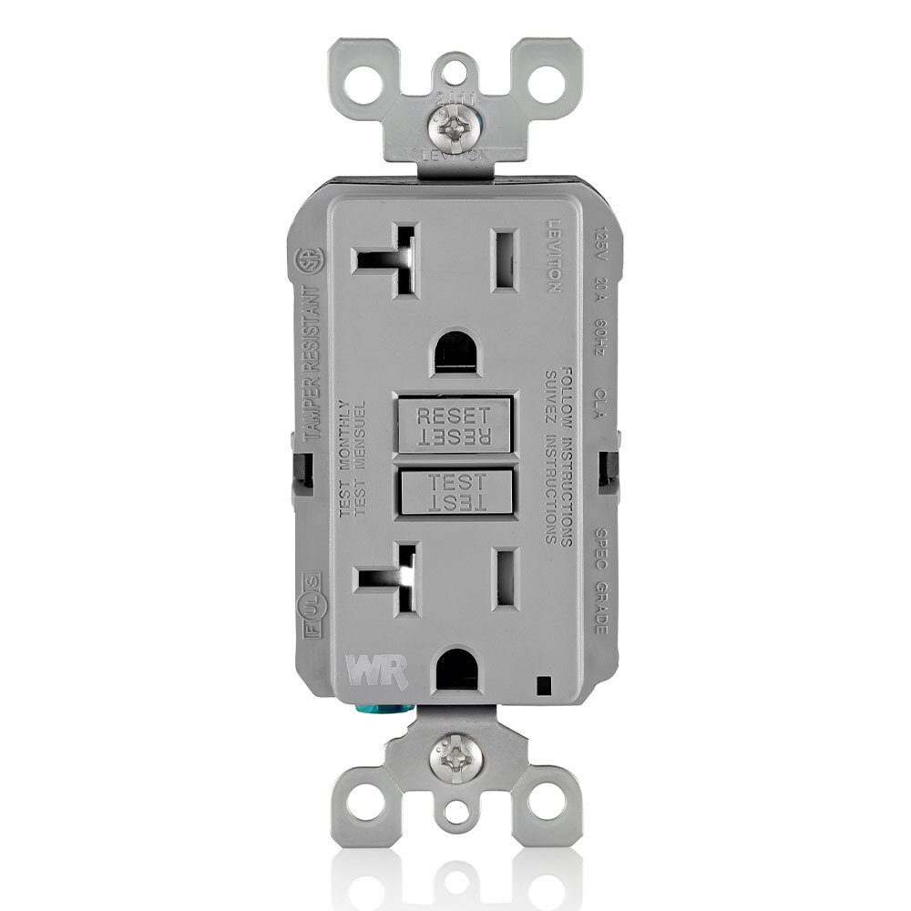 Self-Test Tamper Resistant, Weather Resistant GFCI Receptacle. Nema 5-20R 20A-125V At Receptacle, 20A-125V Feed-through - Gray With Gray Test And Reset Buttons