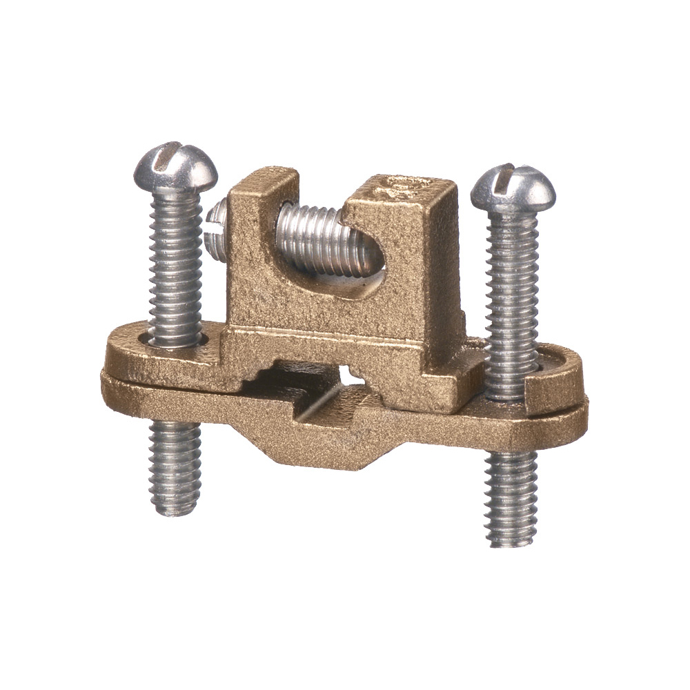 Solid Bronze with stainless steel screws, bare wire ground clamp with lay-in lug. pipe size - 3/8" to 1", Wire Size - #10 to #2. Approved for direct burial on rebar pipe, tubing and rod.