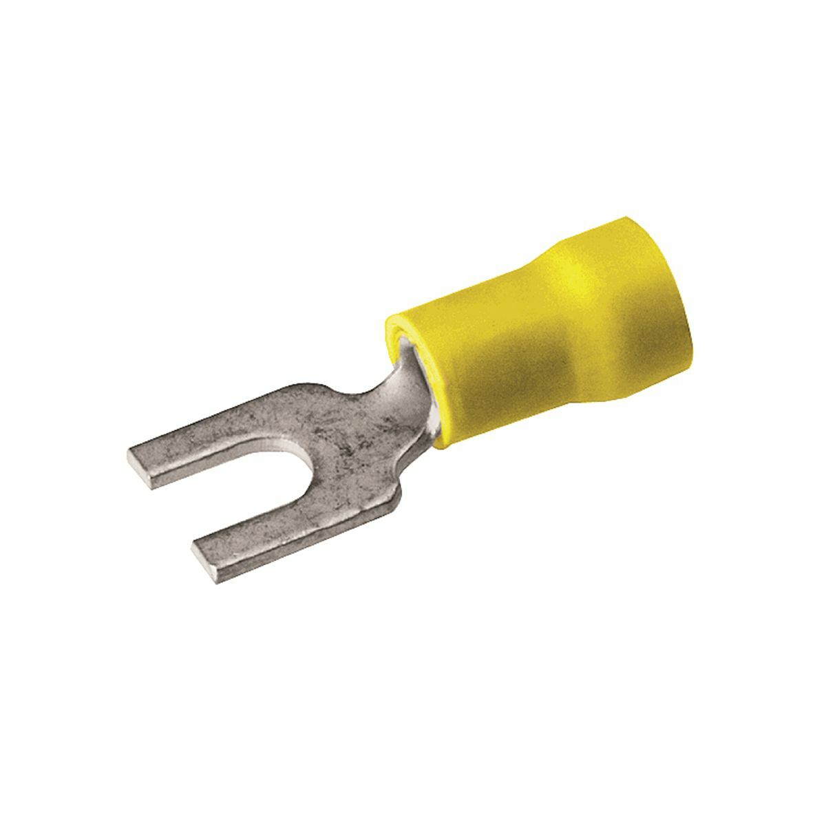 Cu Fork TongueTerminal, Smooth Entry, 10-12 AWG, 600 V, #8 Spade, 0.98" L, 0.31" W, Vinyl Insul, Tin Plated, Yellow(Insul Color), 25 Pcs./Bag.