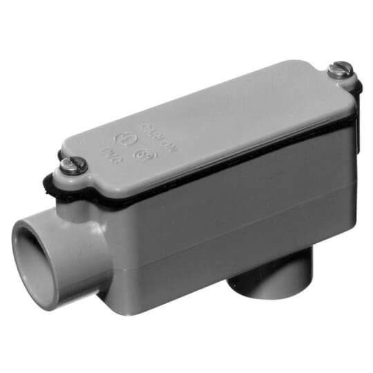 Type LB Conduit Body, Volume 210 Cubic Inches, Size 3 Inches, Length 13-1/4 Inches, Width 4-11/32 Inches, Material PVC, Color Gray, For use with Schedule 40 and 80 Conduit