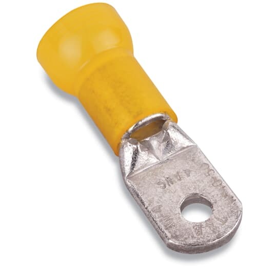 Nylon Insulated Large Ring Terminal, Length 1.84 Inches, Width .62 Inches, Maximum Insulation .510, Bolt Hole 5/16 Inch, Wire Range 4, Color Yellow, Copper, Tin Plated