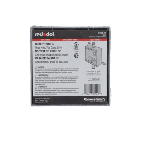 Two Gang Universal Weatherproof Box, 31 Cubic Inches, Hub Size 3/4 Inch, Silver, Aluminum, 3 Outlets, Top, Bottom, and Back One Each, Pack of 10