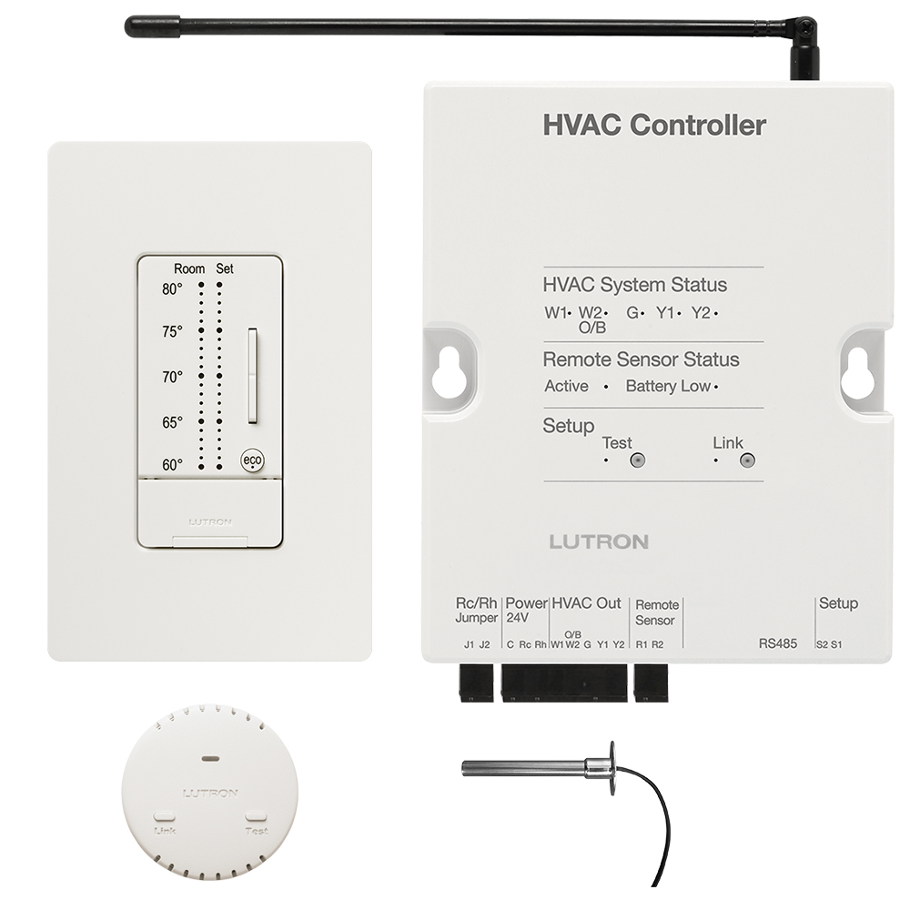 RadioRA 2 thermostat package, includes 1 HVAC controller, 1 seeTemp wall display, 1 wireless temperature sensor, and 1 wired return air duct sensor, in White finish
