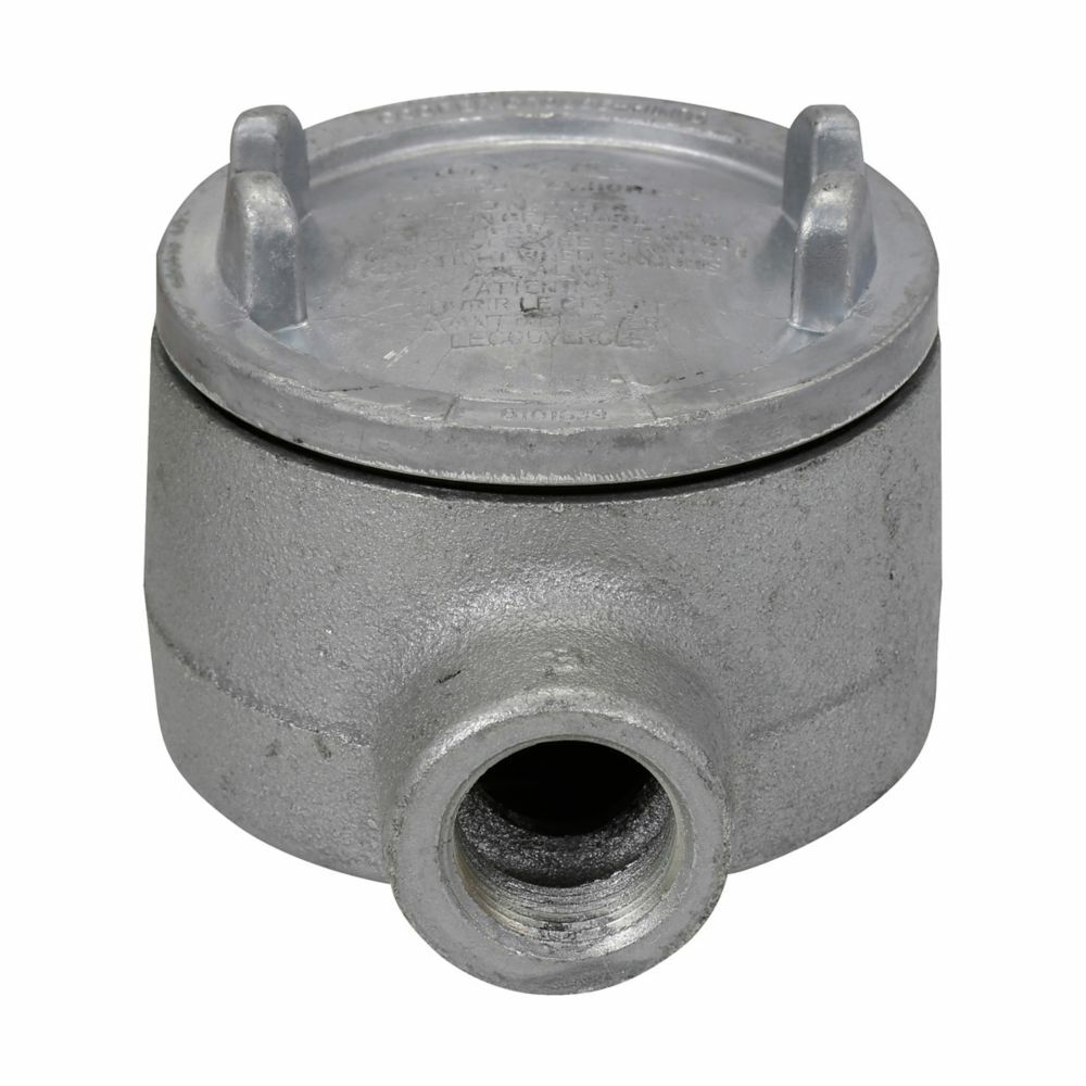 Eaton Crouse-Hinds series Condulet GUA conduit outlet box with cover, 3" cover opening diameter, Feraloy iron alloy, B shape, 1"