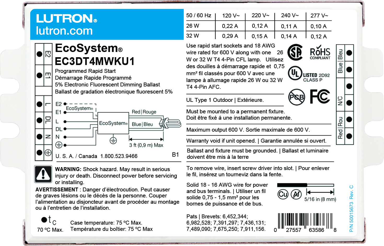 EcoSystem 5 percent 3-Wire and EcoSystem Digital Link Controlled T4 Compact, 1 lamp, ballast factor of 0.95, K-can, 26/32W