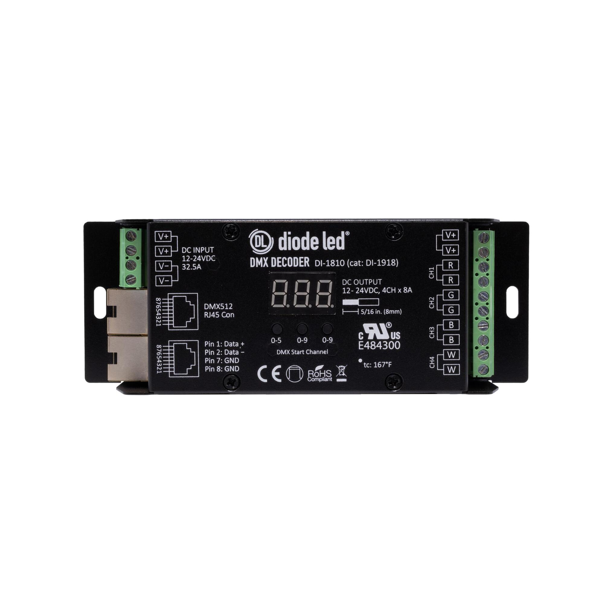 DMX512 4-Channel Decoder with Digital Display controls LED RGB and RGBW lighting fixtures