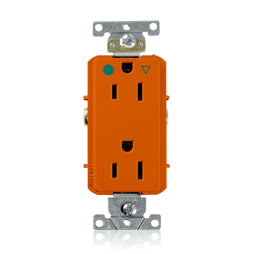 Decora Plus Isolated Ground Duplex Receptacle Outlet, Heavy-Duty Hospital Grade, Smooth Face, 15 Amp, 125 Volt, Back or Side Wire, NEMA 5-15R, 2-Pole, 3-Wire, Self-Grounding - Orange