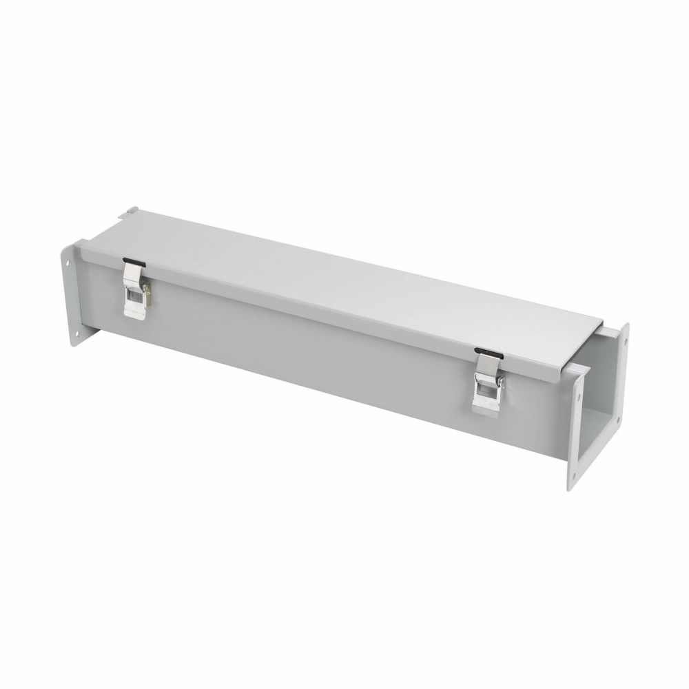 Eaton B-Line series wiring trough, 4" height, 12" length, 4" width, 12LW wireway, Wireway hanger, Hinged cover, NEMA 12, Steel, Oil-resistant gasket, Hinged, ANSI 61 gray, 14 gauge