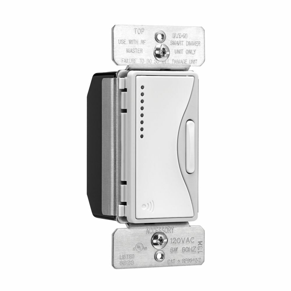 Eaton Z-Wave dimmer, 7-step LED light level display, Flush, 120V, Wire lead, Push pad, Maintained, White Satin, Fan, LED, INC, CFL, ELV, MLV, FLR, Halogen, Single-pole, Three-way, Single-phase, Polycarbonate, Multi-location