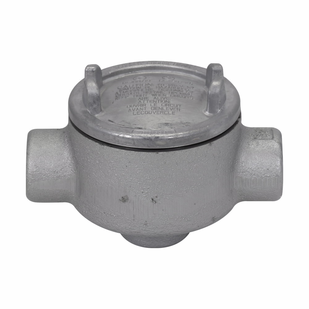 Eaton Crouse-Hinds series Condulet GUA conduit outlet box with cover, 3" cover opening diameter, Feraloy iron alloy, D shape, 3/4"