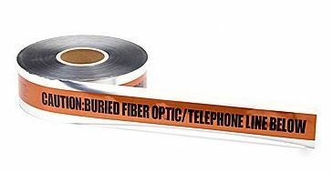 2" x 1000' "CAUTION: BURIED FIBER OPTIC/TELEPHONE LINE BELOW" Underground Detectable Tape  5 Mil  Foil Bonded Polyethylene  Silver w/ Orange Stripe and Black Lettering