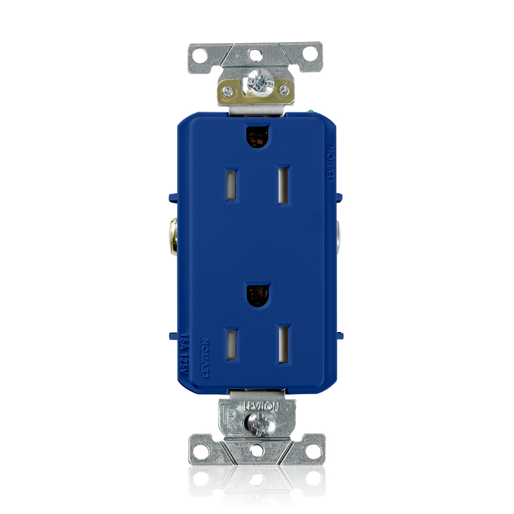 15 Amp, 125 Volt, NEMA 5-15R, 2P, 3W, Tamper-Resistant, Decora Plus, Duplex Receptacle, Straight Blade, Commercial Grade, Self Grounding, Back & Side Wired, Steel Strap - BLUE