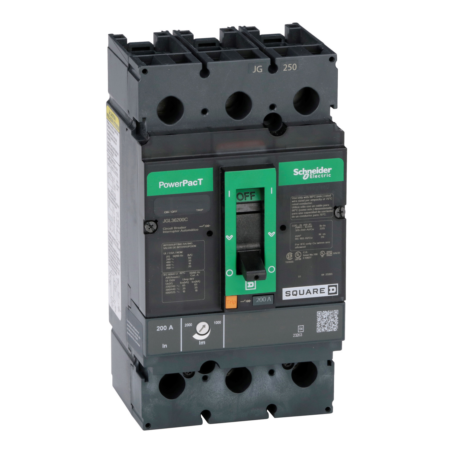 Circuit breaker, PowerPacT J, 200A, 3 pole, 600VAC, 18kA, lugs, thermal magnetic, 100%