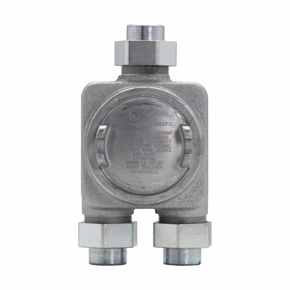 Eaton Crouse-Hinds series GUAG junction box, 1" bottom hub, Feraloy iron alloy, 3 hubs, 3/4" top hub