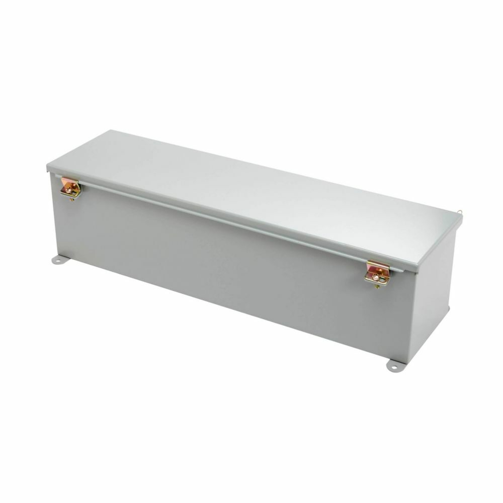 Eaton B-Line series wiring trough, 8" height, 48" length, 8" width, 12WT wiring trough, Welded external mounting feet, Hinged cover, NEMA 12, Steel, Seamless poured in-place, Hinged, Gray, 14 gauge