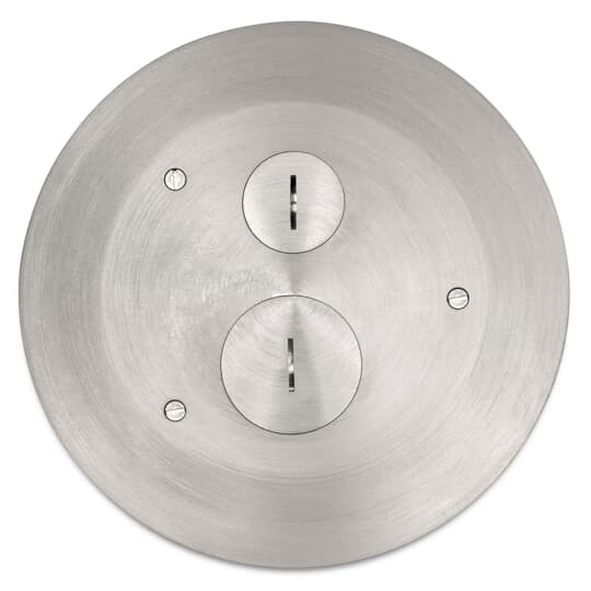 Furniture Feed Cover, 8 Inch Flange Diameter, 1 Inch and 1-1/2 Inch Threaded Plugs, Solid Aluminum with Brushed Finish, For Flush Service Round Floor Box, 140 Cubic Inches, Opening Diameter 5-31/32 Inches, Base Diameter 8-1/8 Inches, Depth 6 Inches, 1 Inch and 1-1/2 Inch Conduit Hubs, Non-Metallic, Minimum Concrete Depth Flush 4 Inches Furniture Feed 3-1/2 Inches