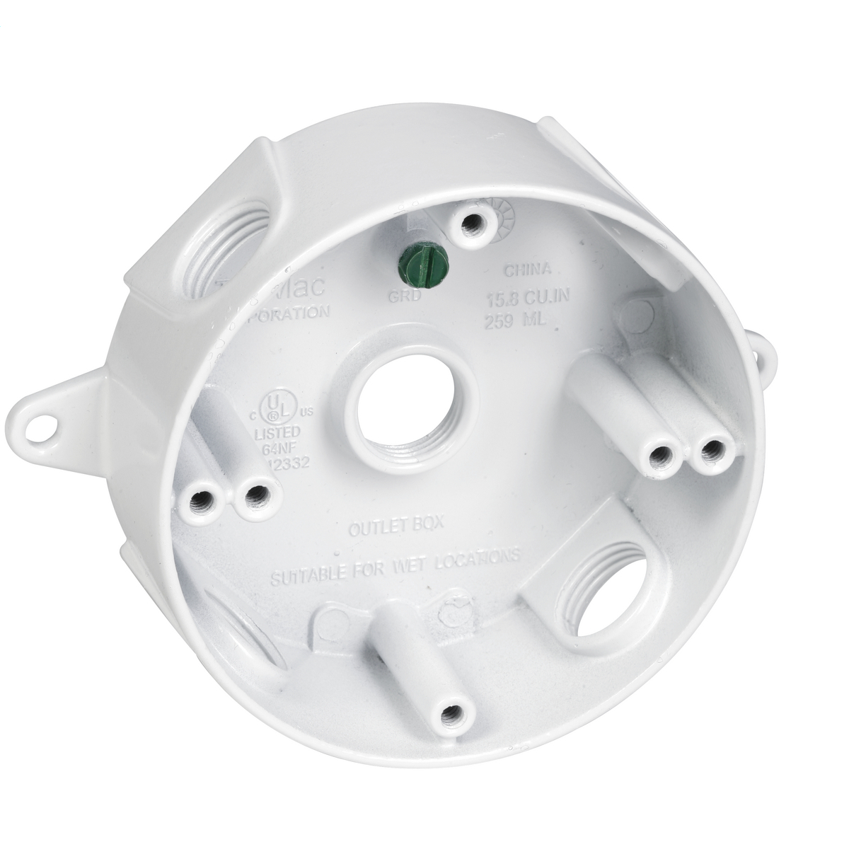 RND WP BOX (5) 1/2 IN. OUTLETS - WHITE