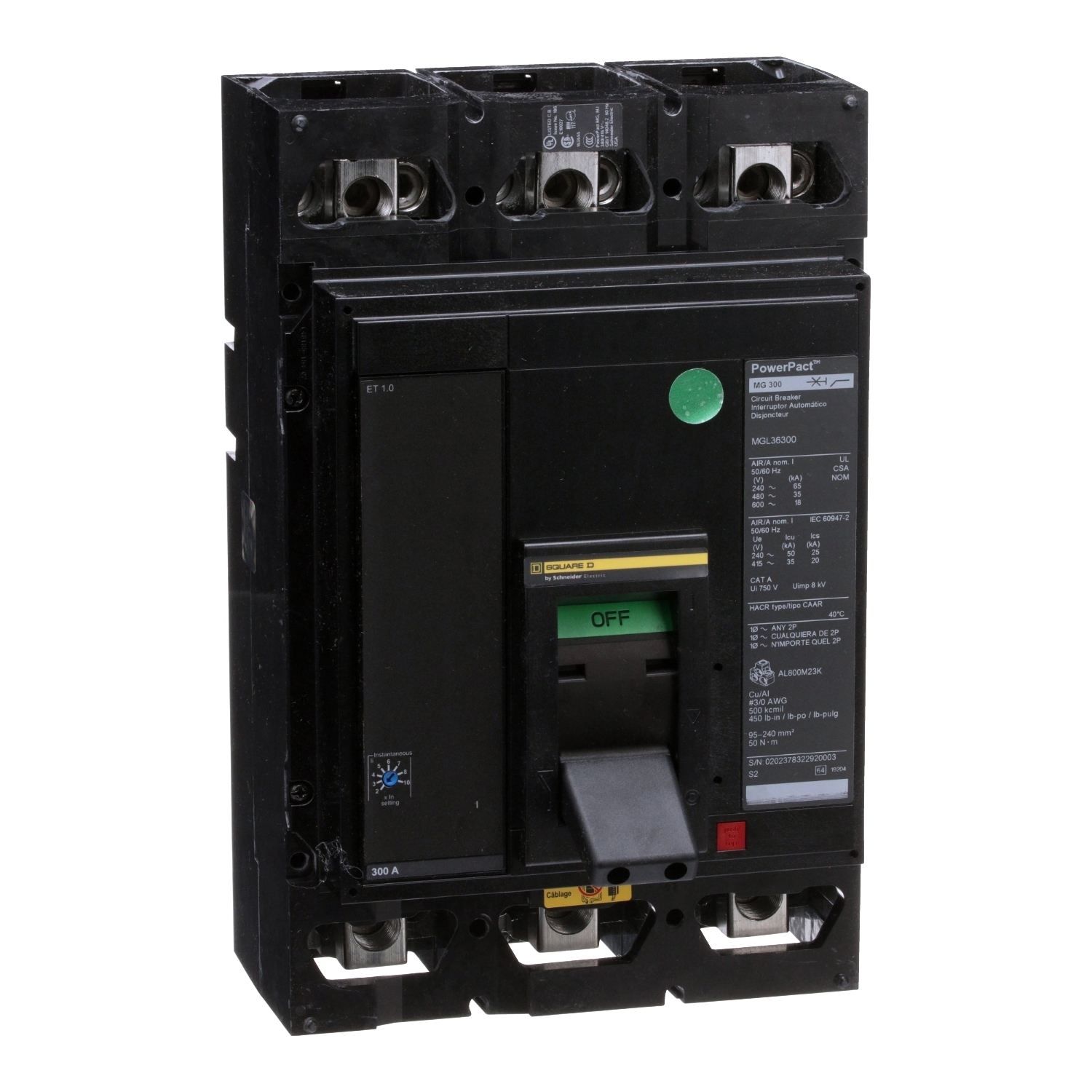 Circuit breaker, PowerPacT M, 300A, 3 pole, 600VAC, 18kA, lugs, ET 1.0, 80%