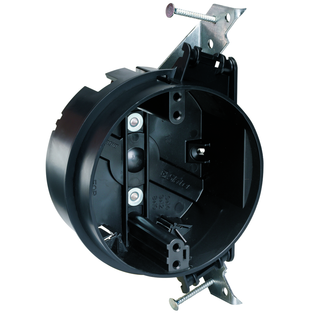 4 Round Ceiling Box with J-Bracket, Two Captive Mounting Nails and Four Auto/Clamps. 50 pack.