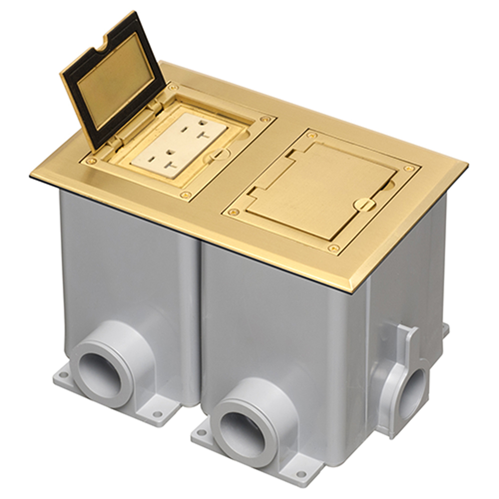 Brass two gang frame kit with Flip lid cover. Includes (2) 20A decorator style receptacle, (2) gasket, low voltage insert and installation screws. Flip lid cover can be opened in any direction.