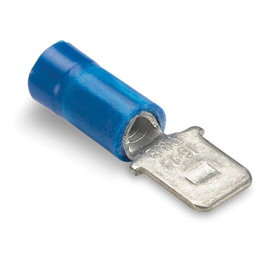 Vinyl-Insulated Male Tab, Length .87 Inches, Maximum Insulated .170, Tab Size .187x.032, Wire Range #16-#14 AWG, Color Blue, Copper, Tin Plated