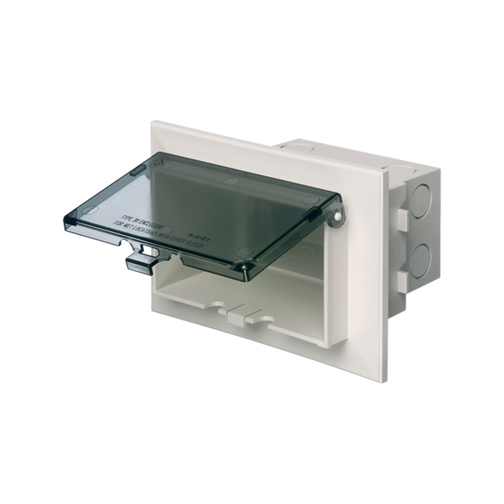 Low profile inbox for new brick construction. Recessed electrical box with weather proof in use cover. Horizontal. White with clear cover.