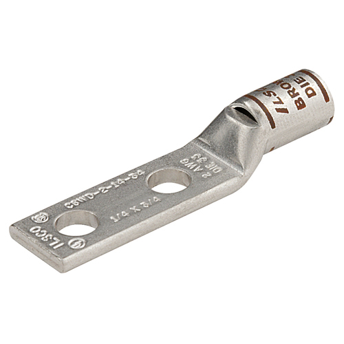 Surecrimp Copper Compression Lug, Conductor Size 2/0, 2 Holes, 3/8in Bolt Size, 1in Hole Spacing, Standard Barrel, Sight Window, Tin Plated, UL, CSA