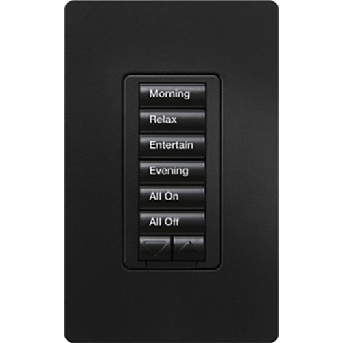 RadioRA 2 Hybrid Keypad, 6-button with raise/lower keypad and 450W/450VA two-wire or neutral-wire dimmer (Incandescent/Halogen/Magnetic Low Voltage), 120V, in midnight