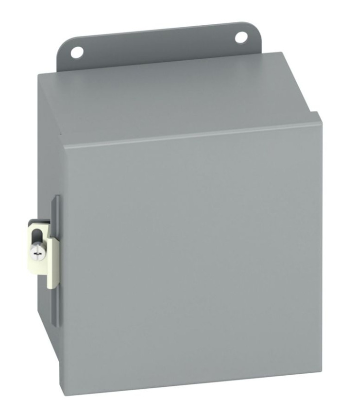 Eaton B-Line series JIC panel enclosure, 14" height, 6" length, 8" width, NEMA 12, Hinged cover, 12CHC enclosure, Wall mount, Small single door, External mounting feet, Carbon steel, Seamless poured in-place gasket