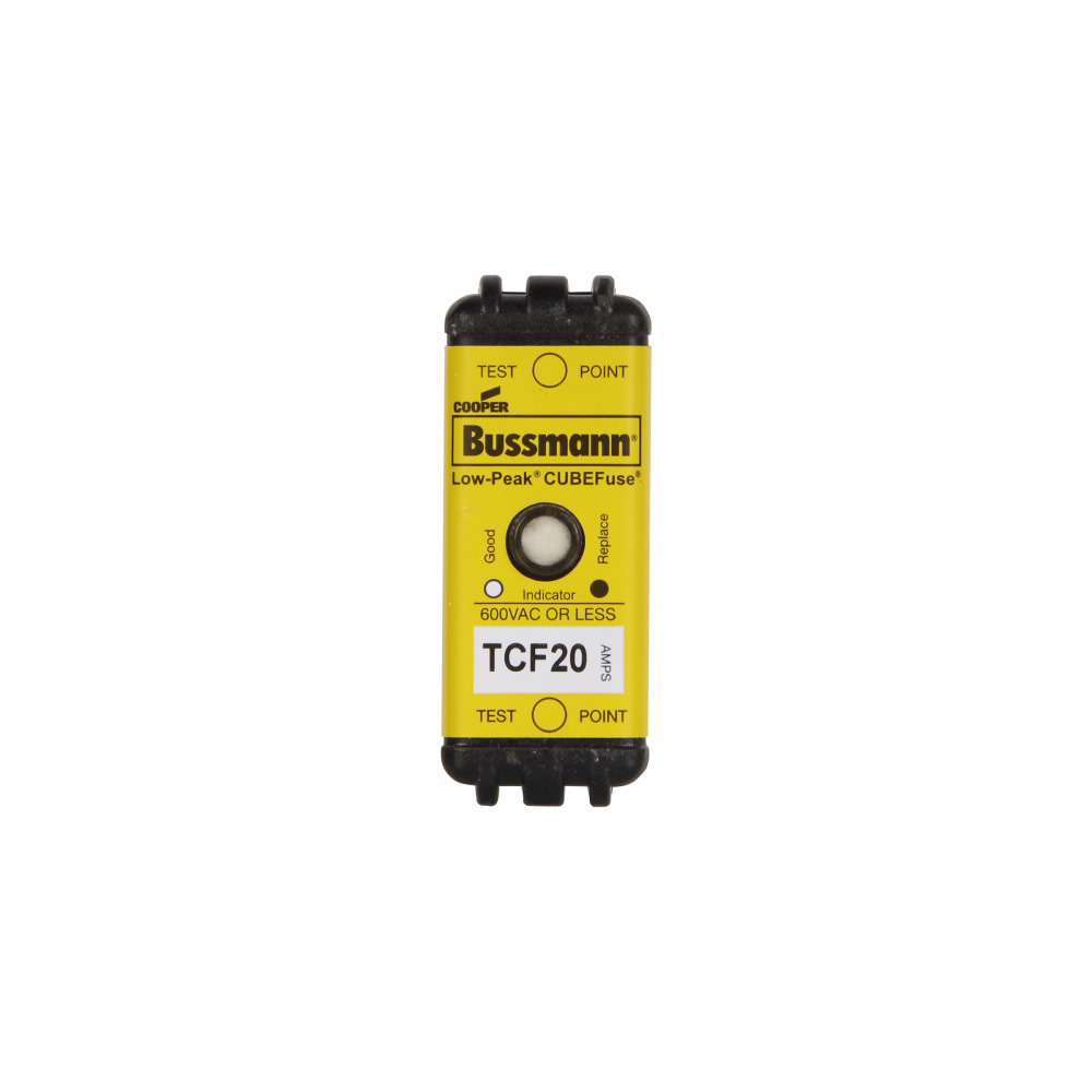 Eaton Bussmann series TCF fuse, Finger safe, 600 Vac/300 Vdc, 20A, 300 kAIC at 600 Vac, 100 kAIC at 300 Vdc, Indicating, Time delay, inrush current withstand, Class CF, CUBEFuse, Glass filled PES