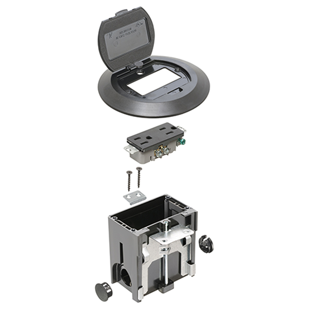 Non Metallic adjustable floor box. Black with flip lids. Includes tamper resistant duplex receptacle, cover plate with gasket and Arlington NM94 connector and Arlington NM900 knockout plug.