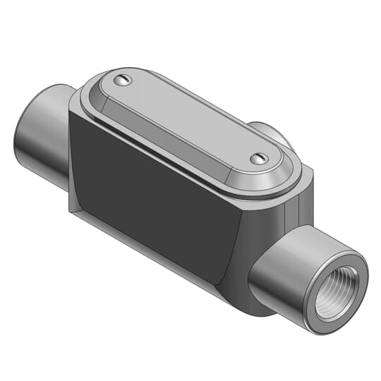 3/4 Inch Form 7 (T) Pre-Assembled Conduit Body, Cover and Gasket, Body Material Gray Iron/Zinc Plating and Baked On Epoxy Powder Coat with BlueKote Internal Coating, Cover Material and Finish Stamped Steel/Zinc Plating, Neoprene Gasket
