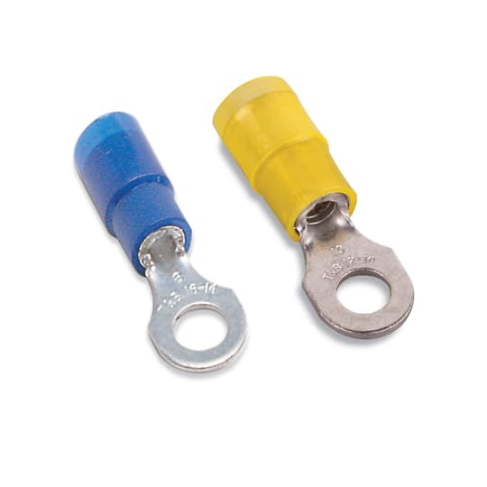 Nylon Insulated Expanded Entry Ring Terminal, Length .95 Inches, Width .31 Inches, Maximum Insulation .190, Bolt Hole #6, Wire Range #18-#14 AWG, Color Blue, Copper, Tin Plated