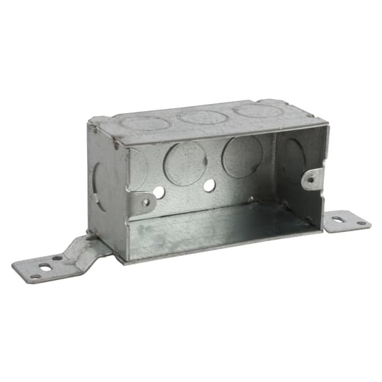 Single Gang Device Box, 13.9 Cubic Inches, 4 Inches Long x 2-1/8 Inches Wide x 1-7/8 Inches Deep, 1/2 Inch Knockouts, Galvanized Steel, Welded Construction, with Flat Bracket on One Side Offset 9/16 Inch from Face, For Use with Conduit