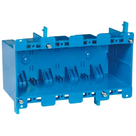 Four-Gang Old Work Outlet Box, Volume 71 Cubic Inches, Length 7.57 Inches, Width 2.89 Inches, Depth 3.56 Inches, Color Blue, Material PVC, Mounting Means Mounting Ears and Two Swing Clamps