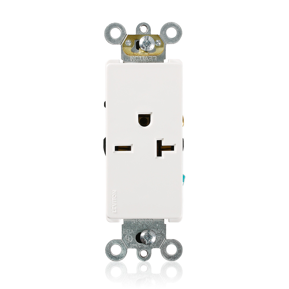 20 Amp, 250 Volt, NEMA 6-20R, 2P, 3W, Decora Plus Single Receptacle, Straight Blade, Commercial Grade, Self-Grounding, , , Side Wired, Steel Strap, - White