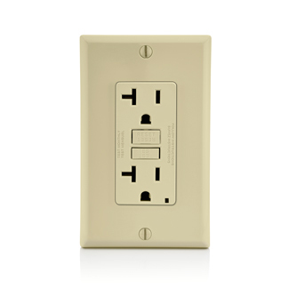 20 Amp, 125 Volt Receptacle/Outlet, 20 Amp Feed-Through, Self-test SmartLock Pro Slim GFCI, monochromatic, Residential/Commercial applications, back and side wired, heavy duty, wallplate/faceplate and self grounding clip included, NAFTA Compliant - Ivory