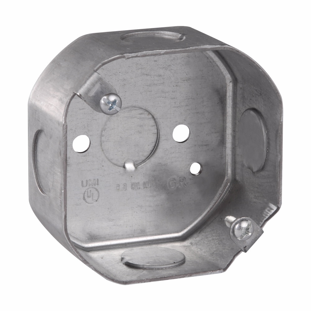 Eaton Crouse-Hinds series Octagon Outlet Box, (1) 1/2", 3-1/4", Conduit (no clamps), 1-1/2", Steel, (4) 1/2", Fixture rated, 9.0 cubic inch capacity