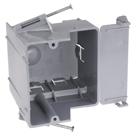 One-Gang Nail-On New Work Box, Volume 30 Cubic Inches, Length 3-11/16 Inches, Width (Opening) 2-5/16 Inches (Overall) 3-7/8 Inches, Depth 3-5/8 Inches, Color Blue, Material PVC, Mounting Means Recessed Angled Nails, with Large Knockouts for #6 or #8 Cable