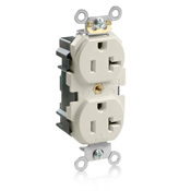 20-Amp, 125-Volt, Narrow Body Duplex Receptacle, Straight Blade, Fed Spec Commercial Grade, Lev-Lok, Self Grounding, Light Almond
