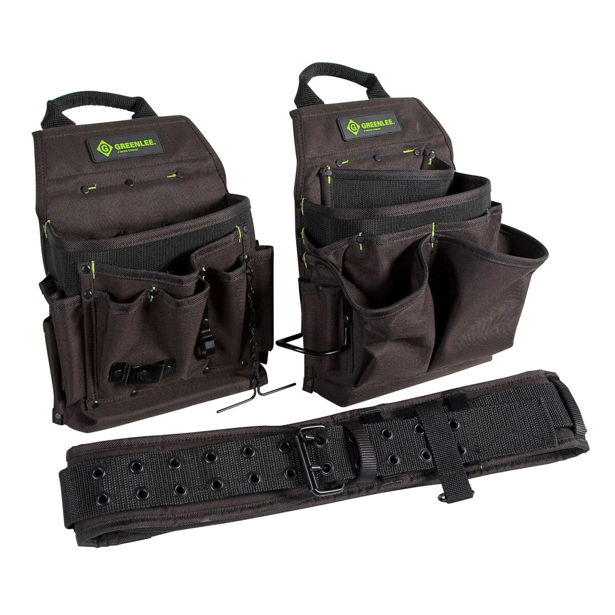 Pouch handles allow for easy carrying and storage without spilling tools.  Design features two versatile pouches that are removable and interchangeable.  3" padded belt features foam core padding for extra comfort and support of heavy tools.  Double layer heavy-duty fabric for durability.  Will not rot, crack or mildew.  Cordless drill holster. Includes electrician's metal tape chain, hammer loop and tool clip for convenience.  Made to fit 29" - 46" waist.