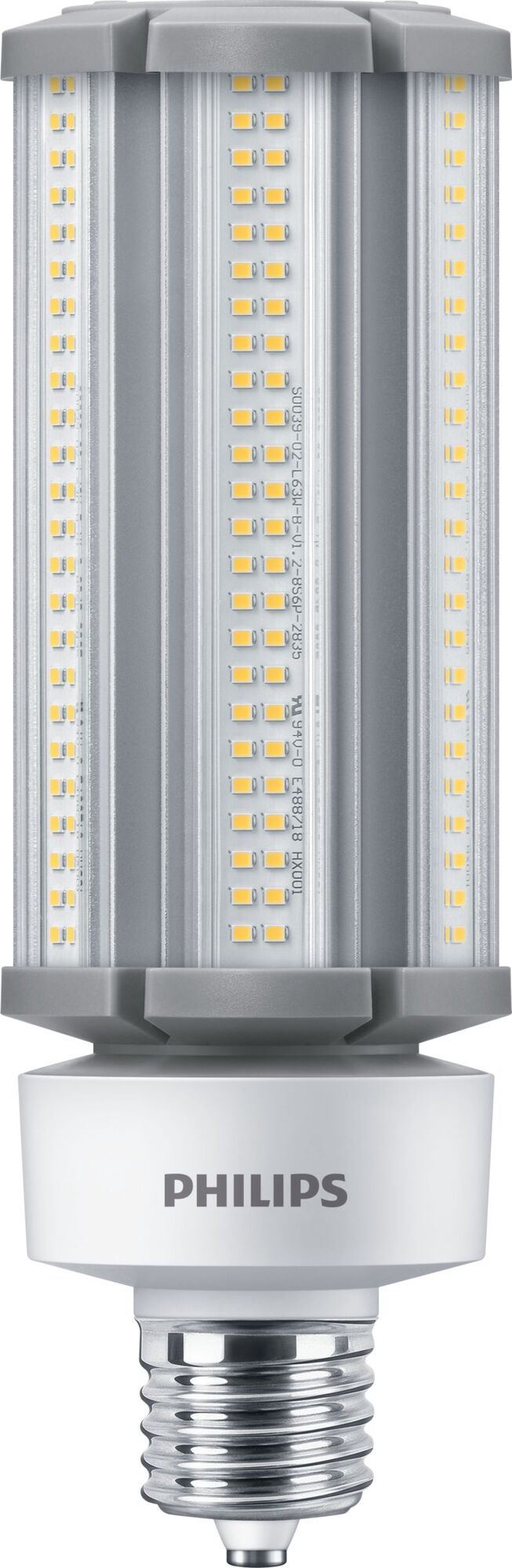 Instant retrofit, instant savings Energy savings of <gt/>50%;omni-directional lighting enabling use in a variety of applications Philips Corn Cob HID replacement lamps are perfect LED replacement for a variety of outdoor applications.  High intensity illumination, which means you get added visibility for applications like streets, public areas, and much more for a fraction of the energy used by conventional HID. Standard EX39 base to replace metal halide lamps and E39 options;Available in 3000K, 4000K and 5000K CCTs;Available in ranges between 70W and 400W replacements options and upto 16,800 lumens;3-year limited warranty;Surge 4&6 KV Wall packs, Shoeboxes, Post-Top fixtures;Parking lots, public areas and office outdoor fixtures