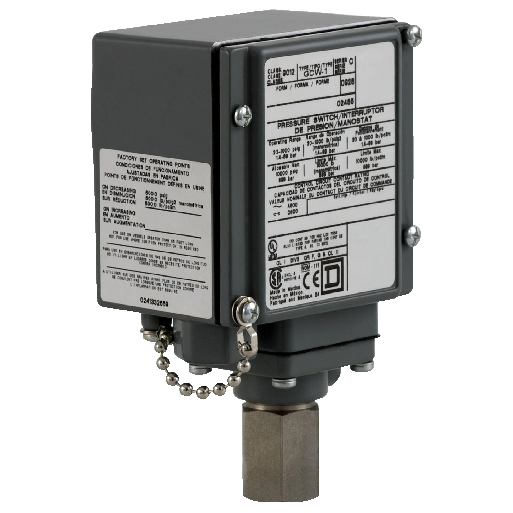 pressure switch 9012G - fixed scale - 2 thresholds - 270 to 9000 psig