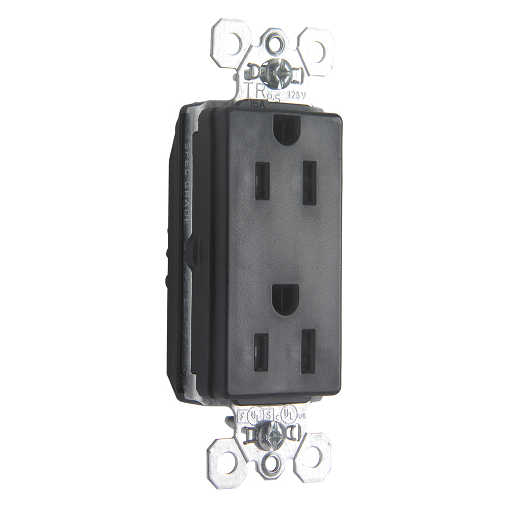 PlugTail Tamper-Resistant Decorator Spec Grade Duplex Receptacle, 15amp 125volt, Black