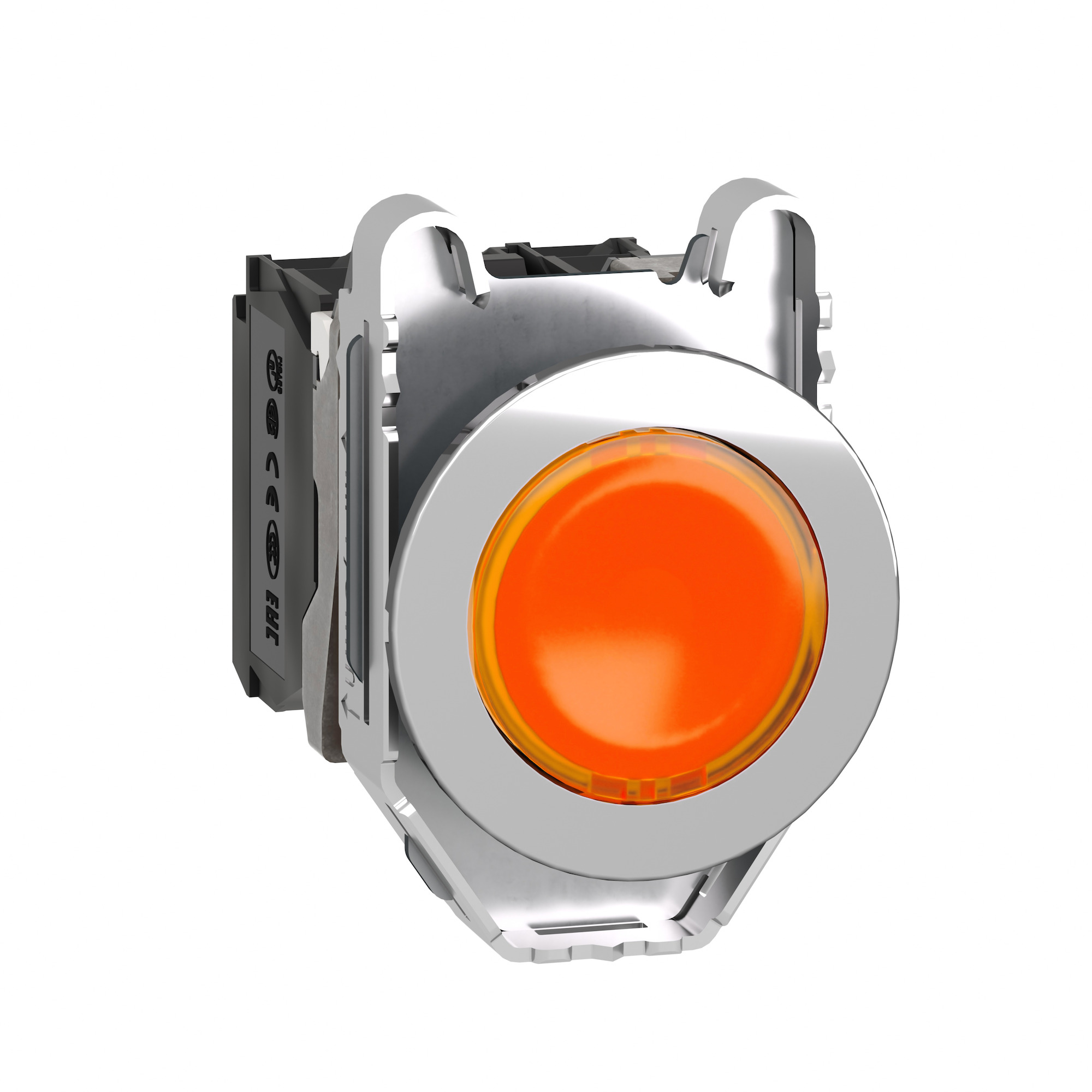 Illuminated push button, Harmony XB4, metal, orange flush mounted, 30mm, universal LED, plain lens, 1NO + 1NC, 24V AC DC