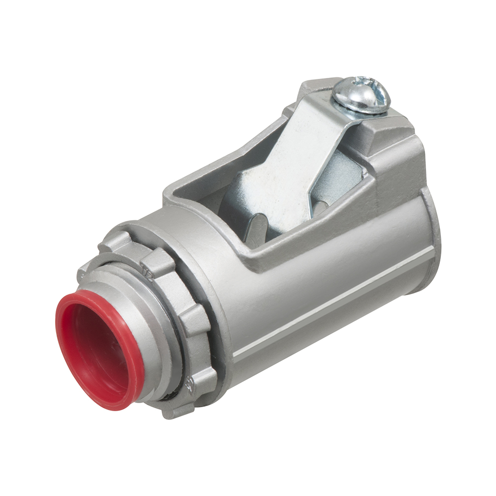 Zinc die-cast, 1/2" Knockout MC cable connector snaps quickly onto the conduit with an internal spring steel clip and then secures into knockout with locknut. Concrete tight when taped. Provided with insulated throat. Has a cable range of 0.560 - 0.850 inches.