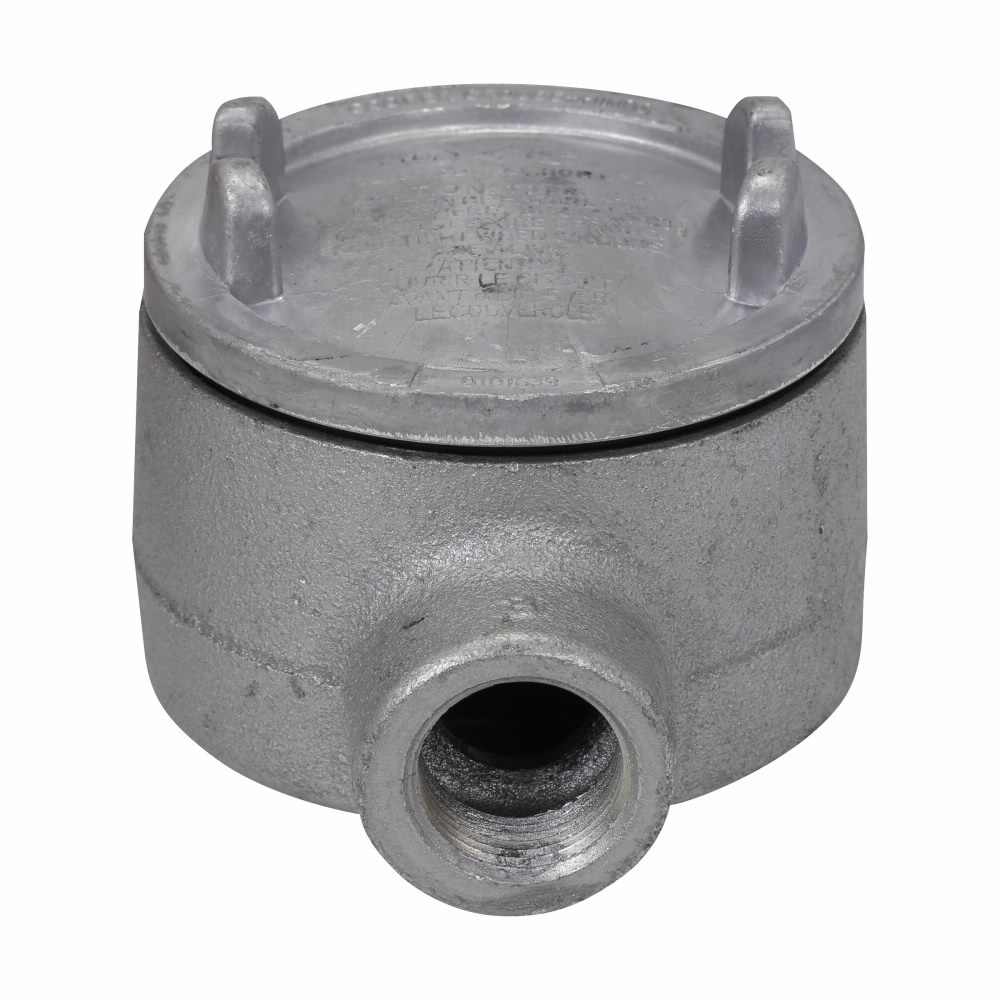 Eaton Crouse-Hinds series Condulet GUA conduit outlet box with cover, 3" cover opening diameter, Feraloy iron alloy, B shape, 3/4"