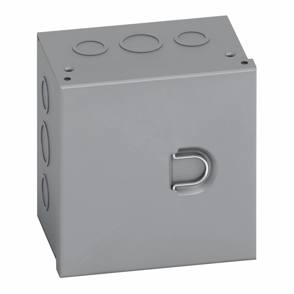 Type 1 junction boxes, 12" height, 4" length, 12" width, NEMA 1, Hinged cover, HC enclosure, Surface mounted, Small single door, 5 top-bottom knockouts,5 side knockouts, Thru holes, Carbon steel