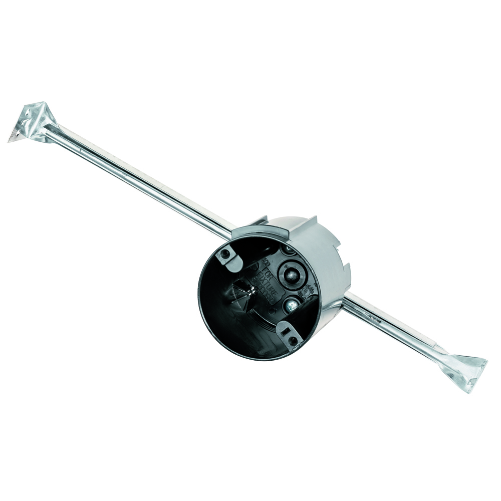 3 1/4 Round Ceiling Box. Bar-hanger adjusts to 16 or 24 joist spacing. Four Auto/Clamps. 50 pack.