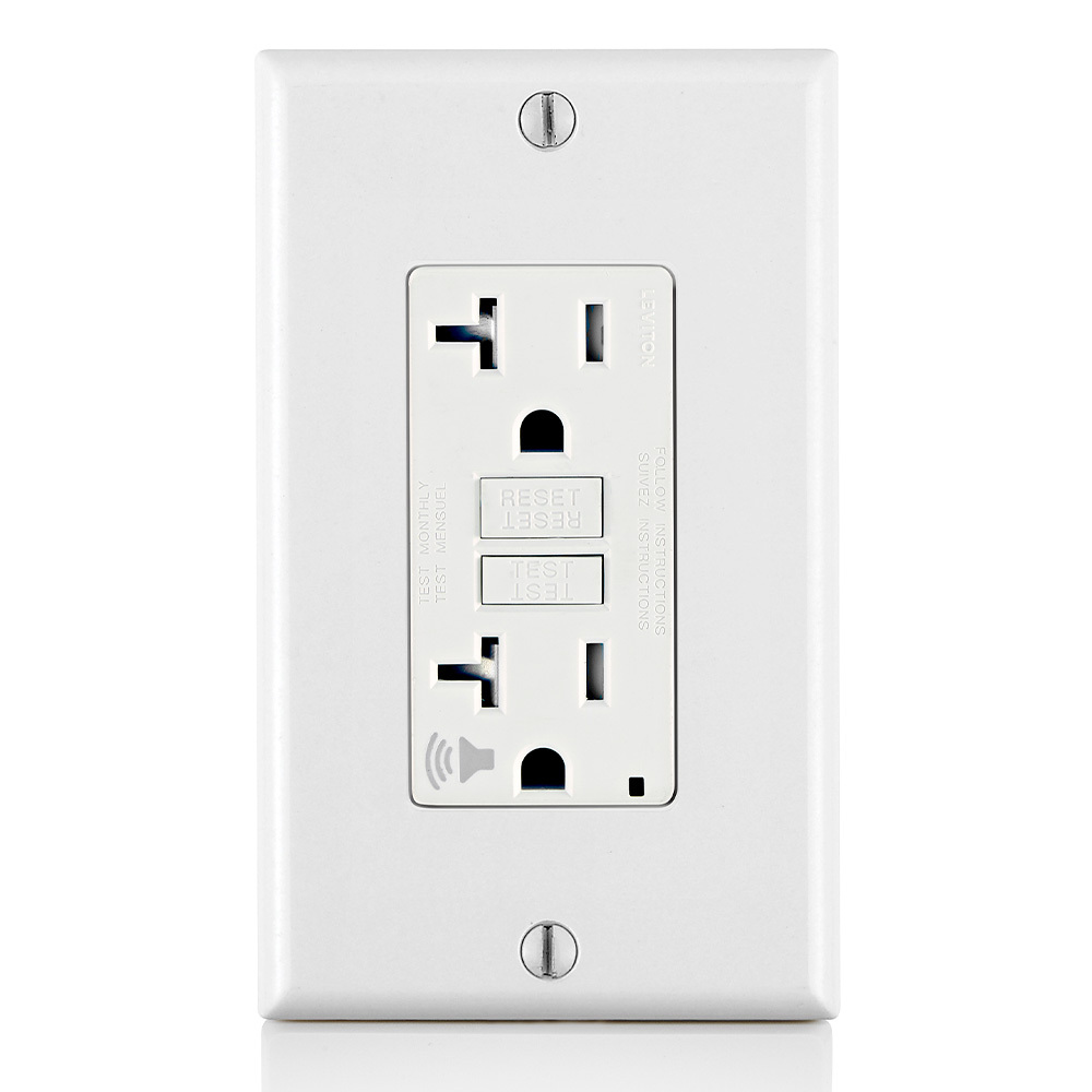 Audible Self-test Tamper Resistant GFCI Receptacle. Nema 5-20R 20A-125v @ Receptacle, 20A-125V Feed-through, Lighted, With Mounting Screws, Washers, Instruction Sheets, And Self-ground Clip Std Nylon Wallplate Included. - White, W/white Test And Reset Button